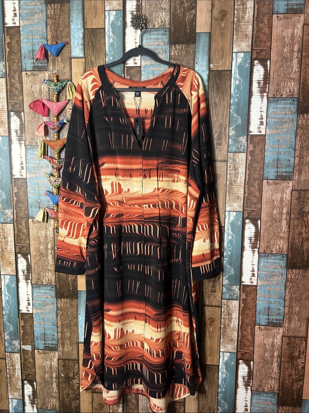 Boho Sunset Stripe Long Sleeve Dress — Black & Orange